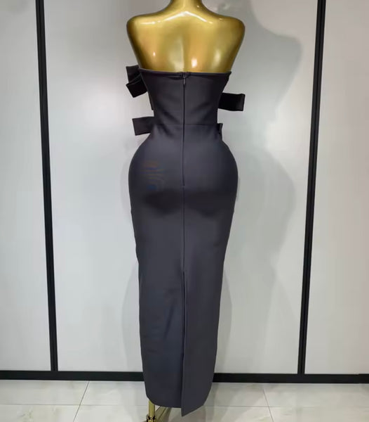 Women Sexy Strapless Gray Bow Tie Maxi Dress