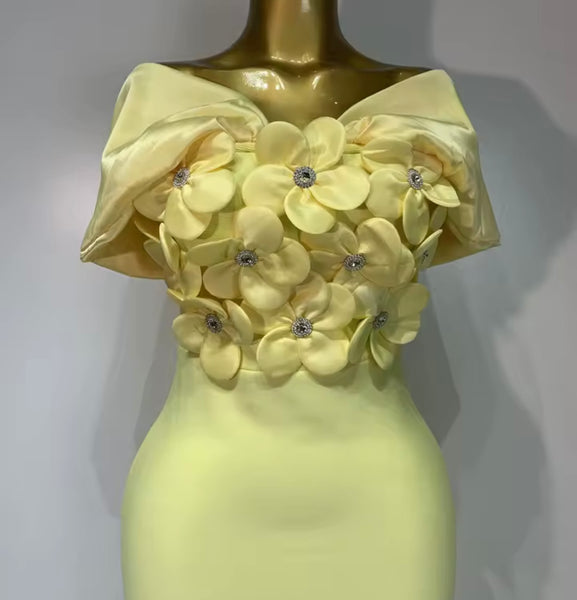 Women Yellow Floral Rhinestone Off The Shoulder Maxi Dress