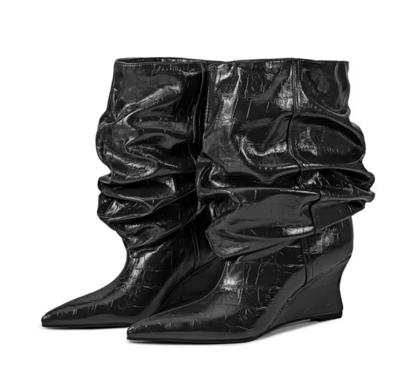 Women Pointed Toe Ruched Fashion Faux Leather Platform Ankle Boots