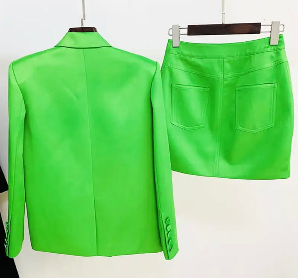 Women Sexy Green Satin Blazer Two Piece Skirt Set