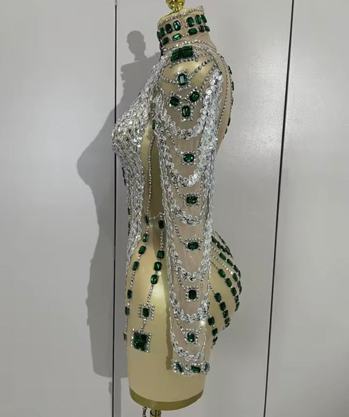Women Sexy Crystal Rhinestone Mesh Full Sleeve Dress