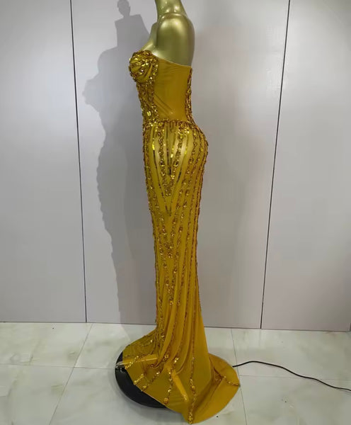 Women Sexy Strapless Rhinestone Mesh Maxi Dress