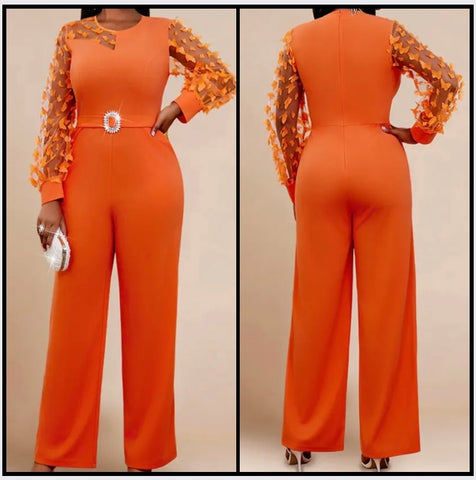 Women Sexy Orange Full Sleeve Belted Wide Leg Jumpsuit