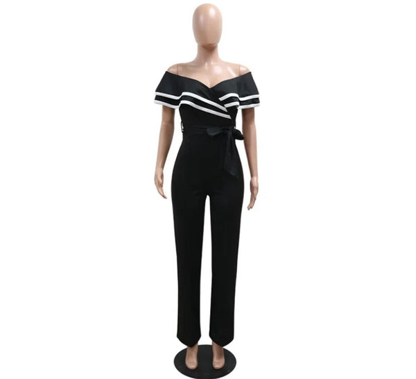 Women Sexy Striped Ruffled Off The Shoulder Short Sleeve Jumpsuit