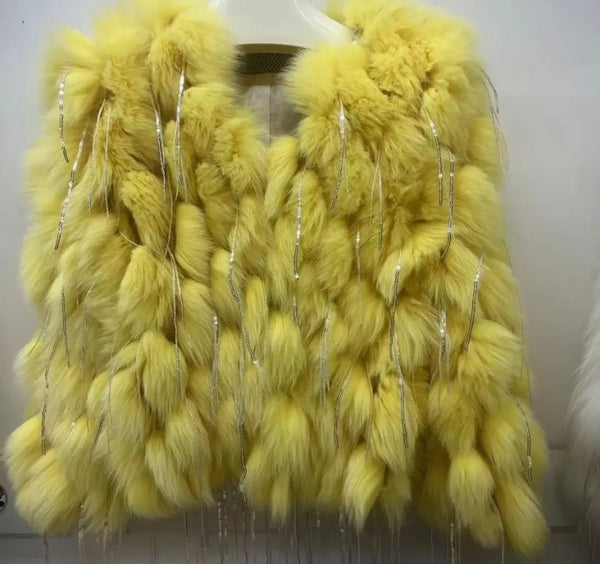 Women Fashion Faux Fur Bling Tassel Jacket