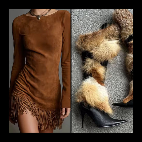 Women Sexy Fashion Brown Suede Fringe Tassel Dress