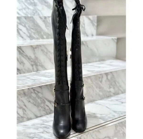 Women Black Gold Heel Fashion Lace Up Thigh High Boots