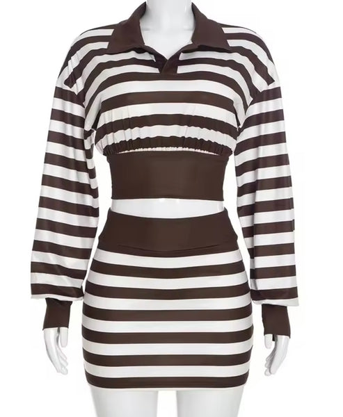 Women Collar Striped Full Sleeve Crop Two Piece Skirt Set