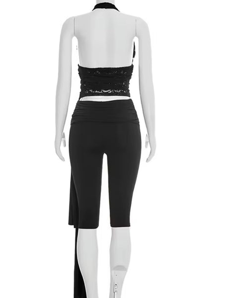 Women Sexy Halter Lace Patchwork Two Piece Capri Pant Set