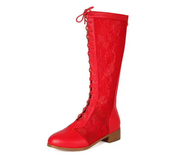 Women Fashion Lace Patchwork Tie Up Flat Boots