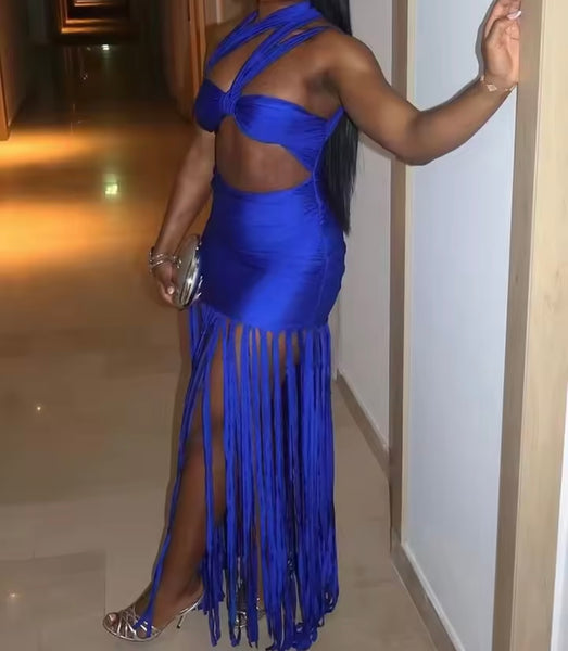 Women Sexy Halter Sleeveless Cut Out Fringe Tassel Maxi Dress