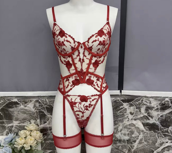 Women Sexy Sleeveless Floral Mesh Lingerie Set