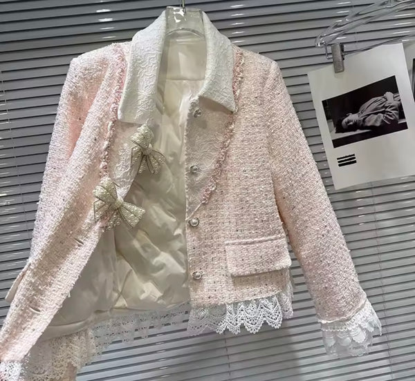 Women Bling Ruffled Button Up Pink Tweed Blazer Two Piece Skirt Set