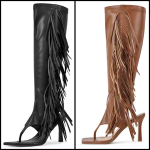 Women Fashion Open Toe Fringe Tassel Knee High Boots