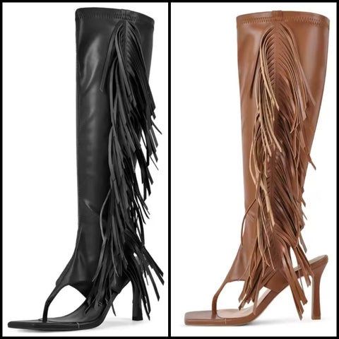 Women Fashion Open Toe Fringe Tassel Knee High Boots