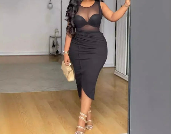 Women Black Sexy Sleeveless Mesh Patchwork Dress