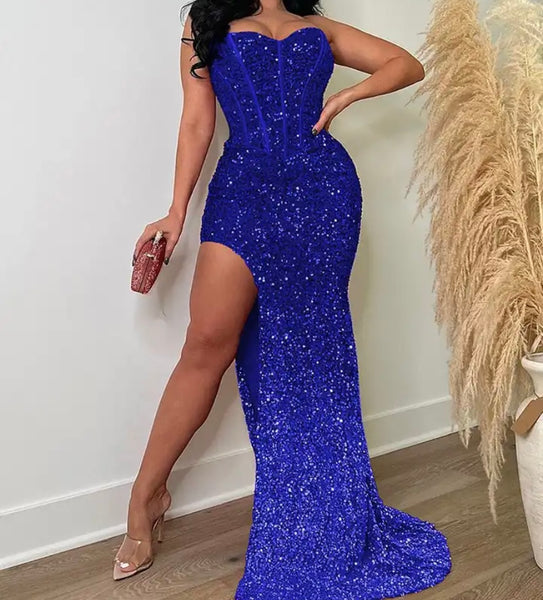 Women Sexy Strapless Sequins Side Split Maxi Dress