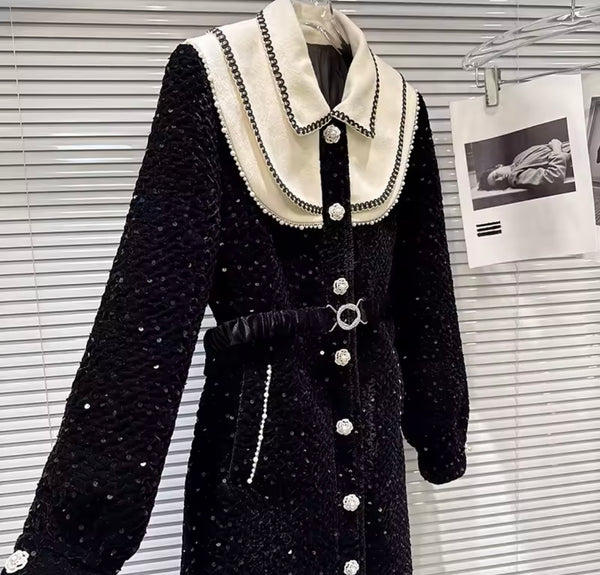 Women Fashion B&W Sequence Pearl Button Up Trench Jacket