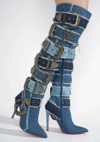 Women Fashion Color Patchwork Buckled Denim Knee High Boots