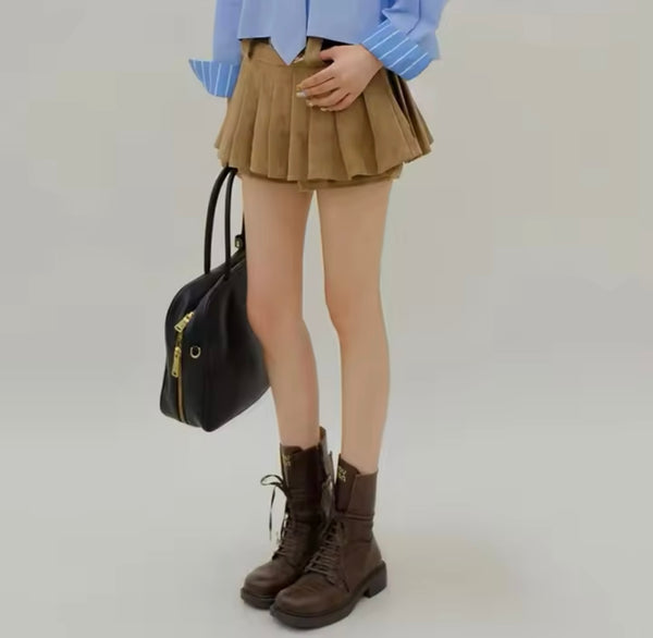 Women Fashion Suede Pleated Short Skirt