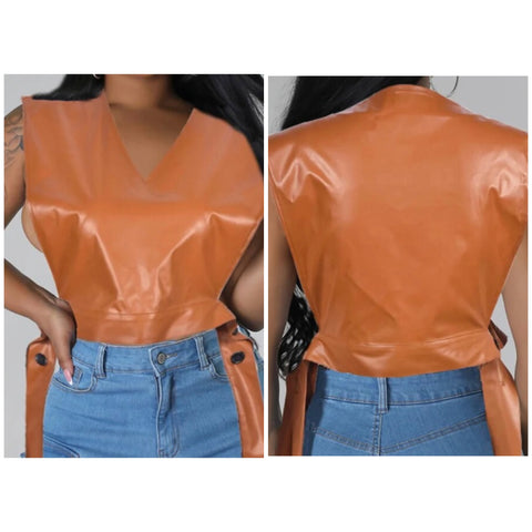 Women Fashion Sleeveless Faux Leather Crop Top