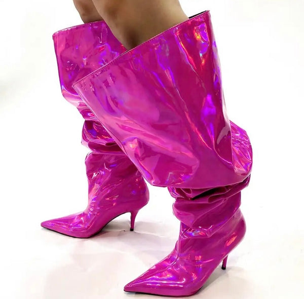 Women Pointed Toe High Heel Mirror Ruched Boots