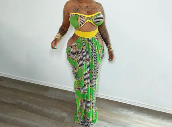 Women Sexy Strapless Multicolored Two Piece Maxi Skirt Set