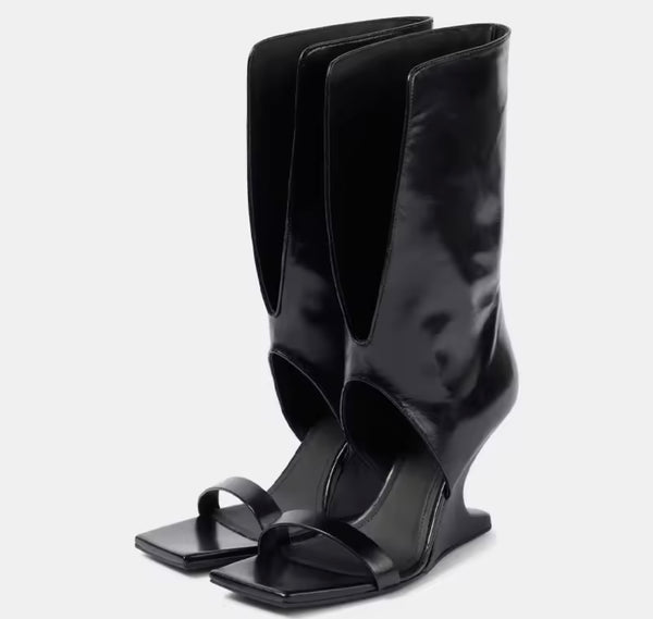 Women Faux Leather Fashion Open Toe Wedge Mid-Calf Boots