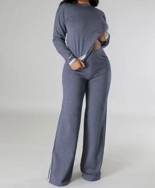 Women Solid Color Striped Patchwork Full Sleeve Two Piece Pant Set