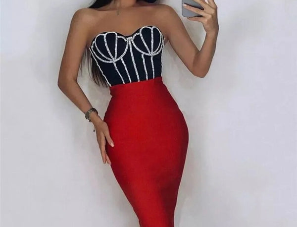 Women Sexy Strapless Rhinestone Patchwork Back Zipper Dress