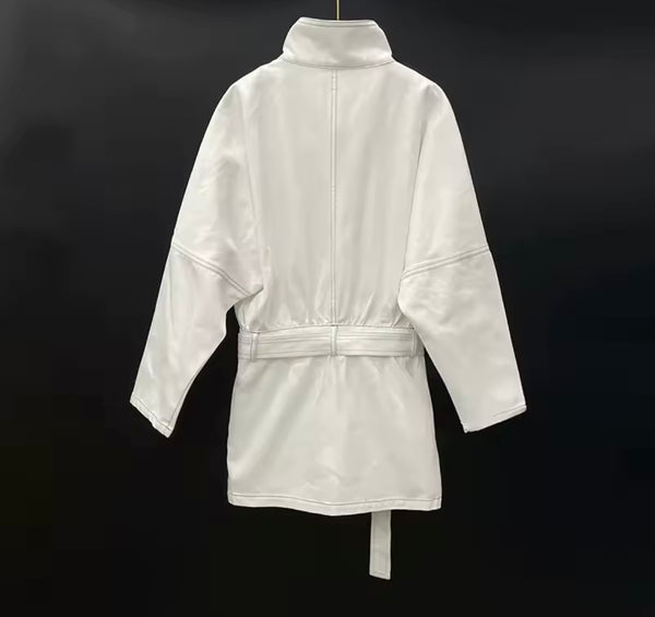 Women White Fashion Button Up Belted Denim Trench Jacket