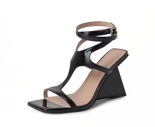 Women Fashion Patent Leather Lace Up Buckle Wedge Sandals