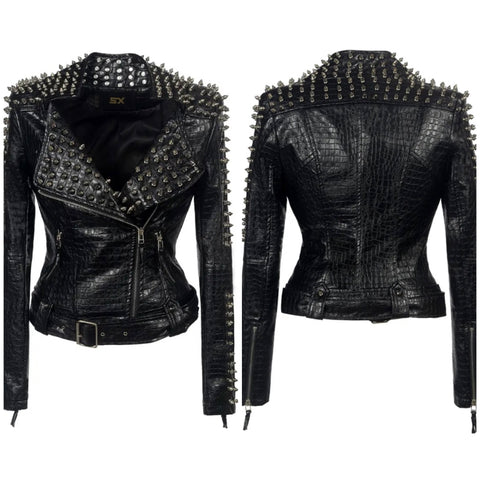 Women Black Rivet Fashion Leather Jacket