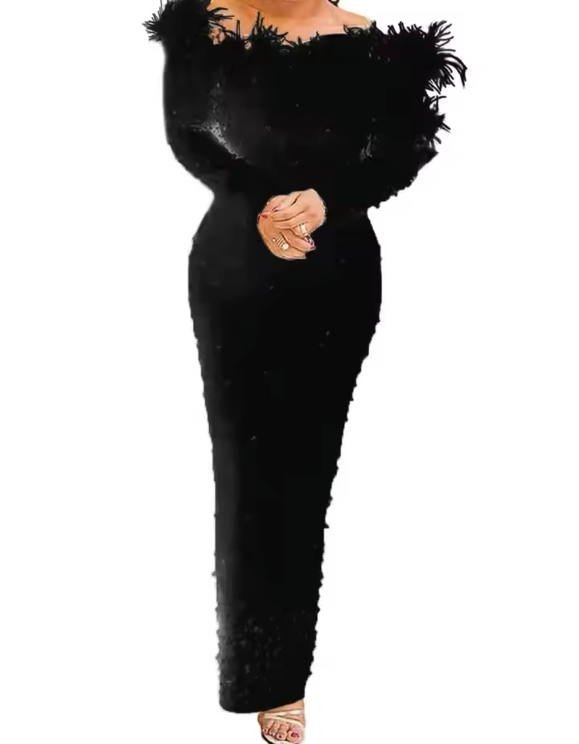 Women Sexy Solid Color Off The Shoulder Beaded Feather Maxi Dress