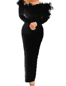 Women Sexy Solid Color Off The Shoulder Beaded Feather Maxi Dress