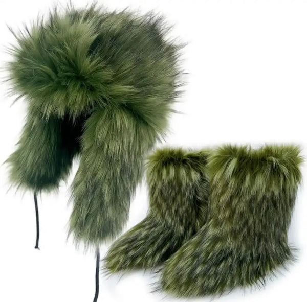 Women Fashion Color Faux Fur Ankle Boots Hat Set
