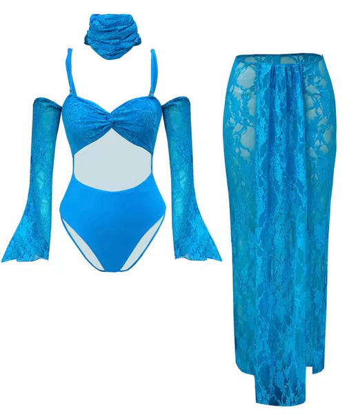 Women Sexy Blue Lace Swimsuit Cover Up Set
