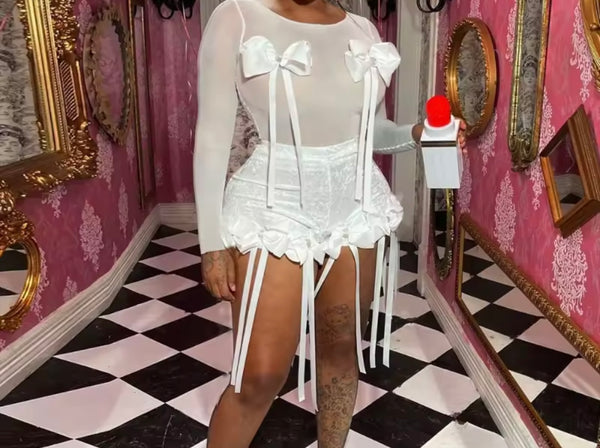 Women White Bow Tassel Full Sleeve Two Piece Short Set