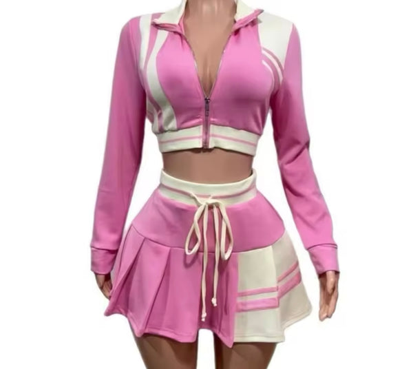 Women Zip Up Full Sleeve Color Patchwork Two Piece Pleated Skirt Set