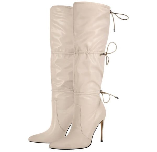 Women Fashion Faux Leather High Heel Tie Up Knee High Boots