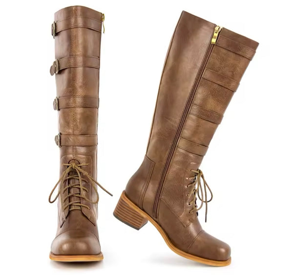 Women Fashion Brown Buckled Ankle/Knee High Boots