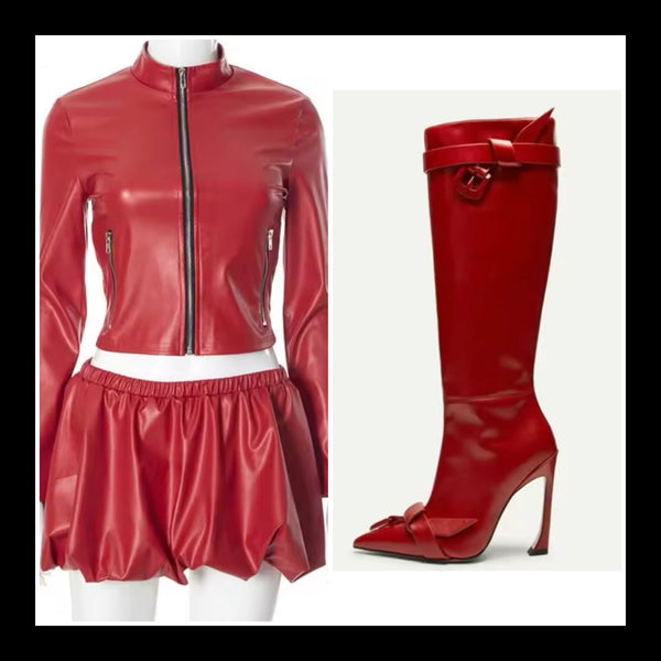 Women Sexy Red PU Zip Up Full Sleeve Two Piece Skirt Set