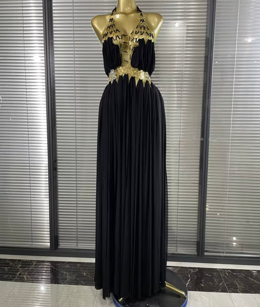 Women Sexy Halter Sleeveless Metal Ring Chiffon Maxi Dress