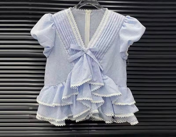 Women Sexy Blue Bow Ruffle Short Sleeve Two Piece Maxi Skirt Set