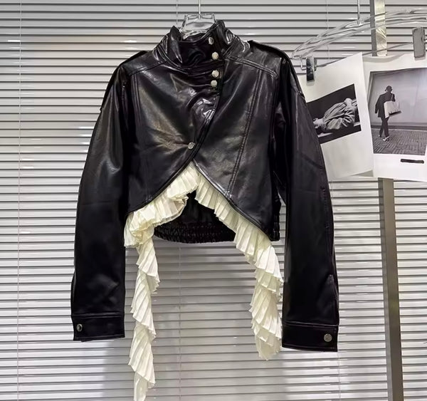 Women Fashion Ruffled Button Up Asymmetrical Faux Leather Jacket