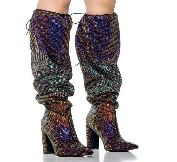 Women Colorful Bling Drawstring Knee High Boots