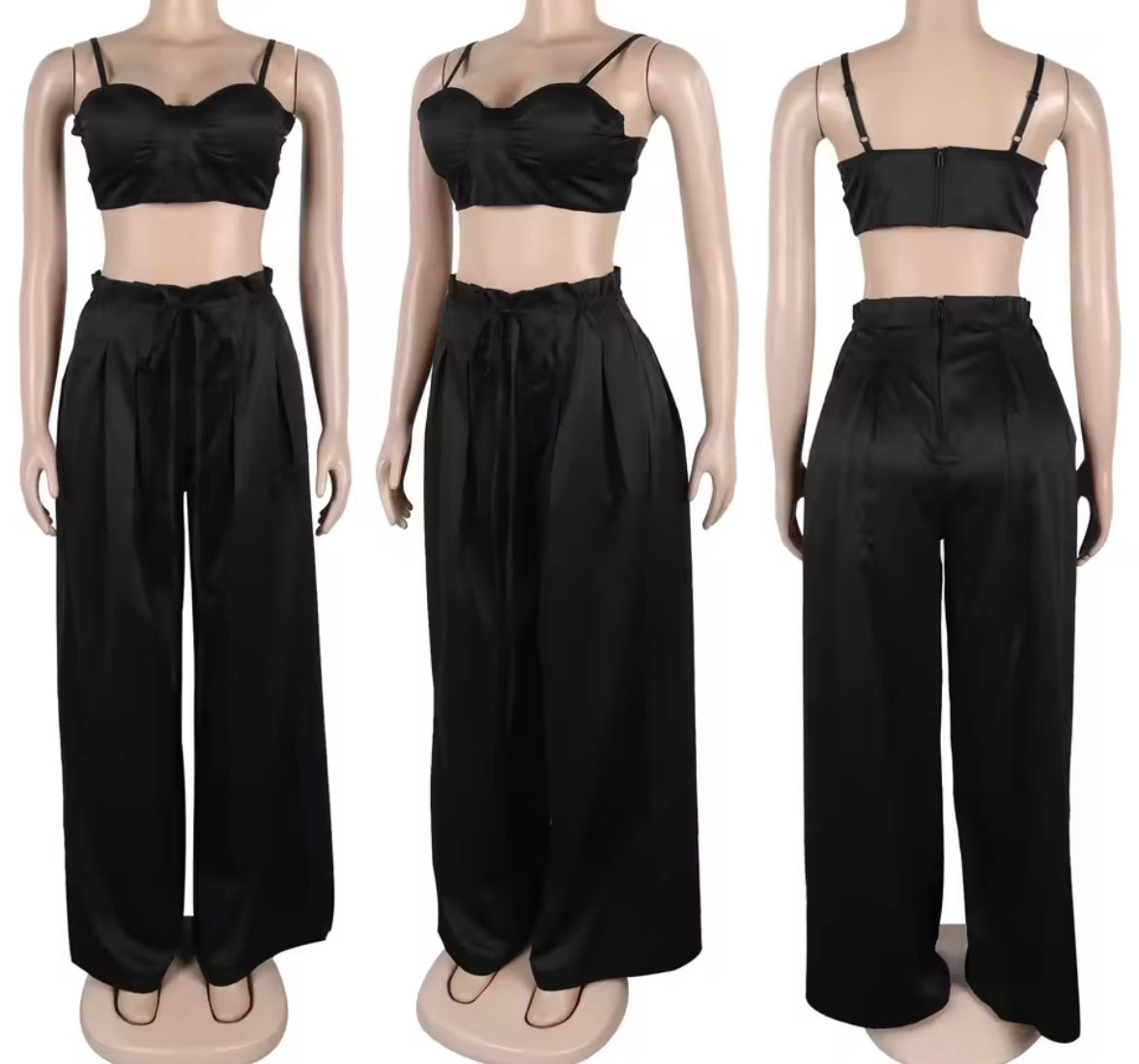Women Color Sleeveless Crop Fashion Two Piece Wide Leg Pant Set