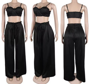 Women Color Sleeveless Crop Fashion Two Piece Wide Leg Pant Set