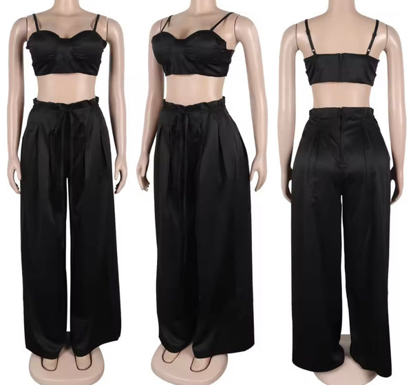 Women Color Sleeveless Crop Fashion Two Piece Wide Leg Pant Set