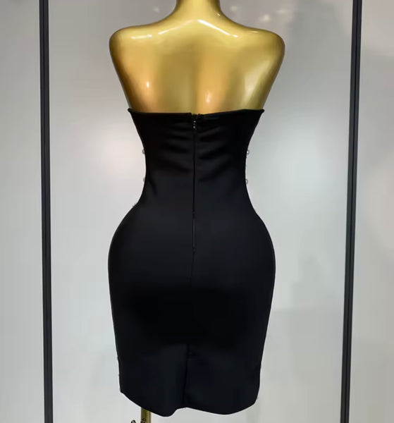 Women Black Sexy Strapless Pearl Rhinestone Dress